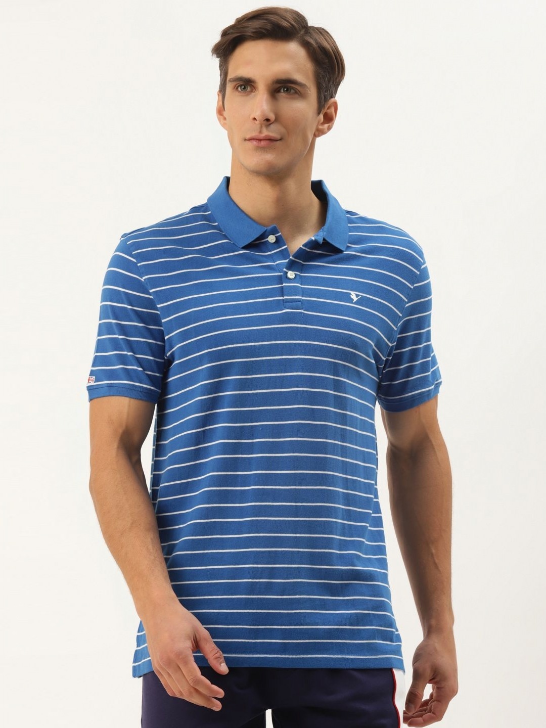 

AMSWAN Men Striped Polo Collar Pockets T-shirt, Turquoise blue