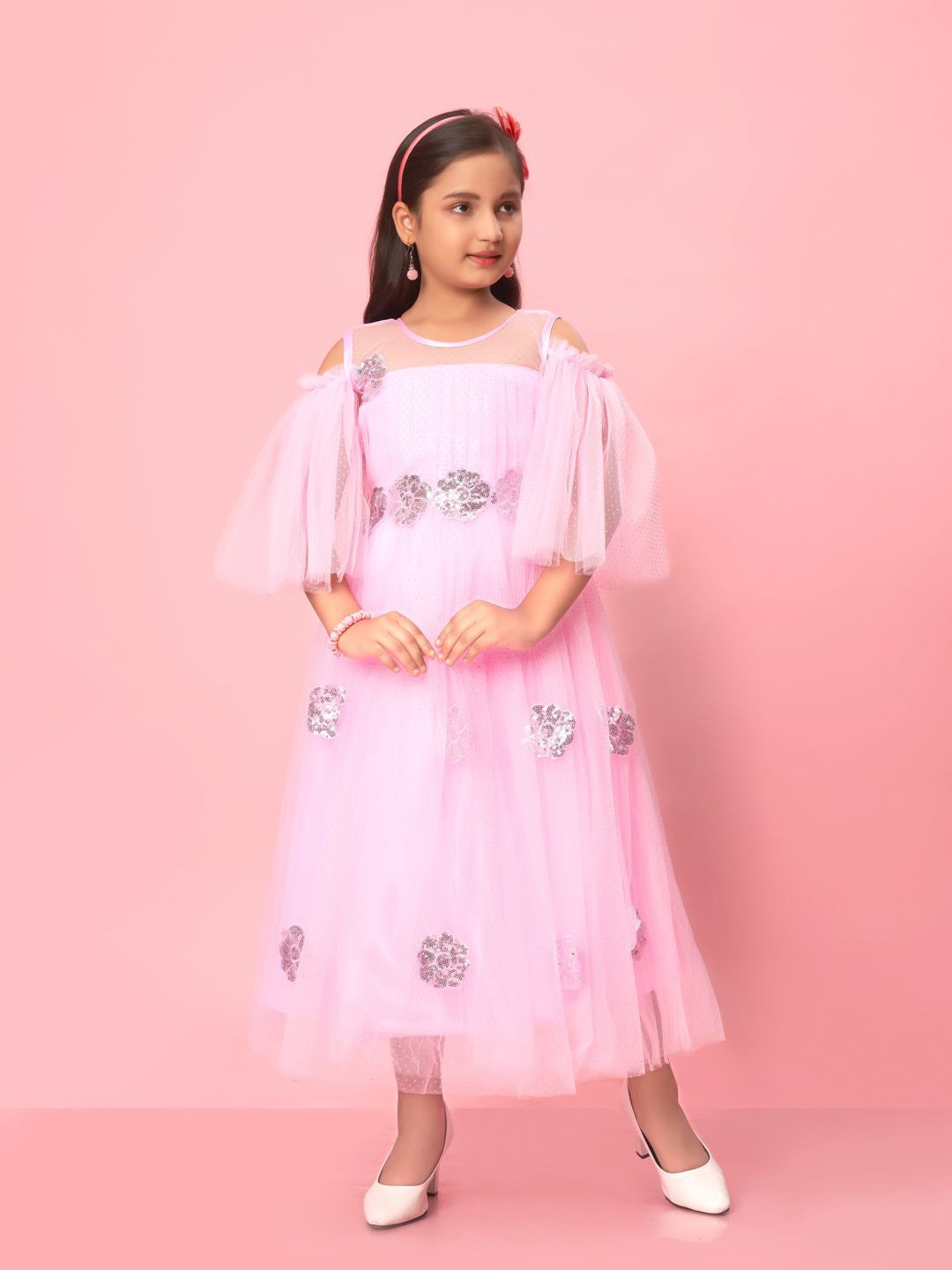 

Sangria Girls Embellished Flared Sleeve Net Maxi Dress, Pink