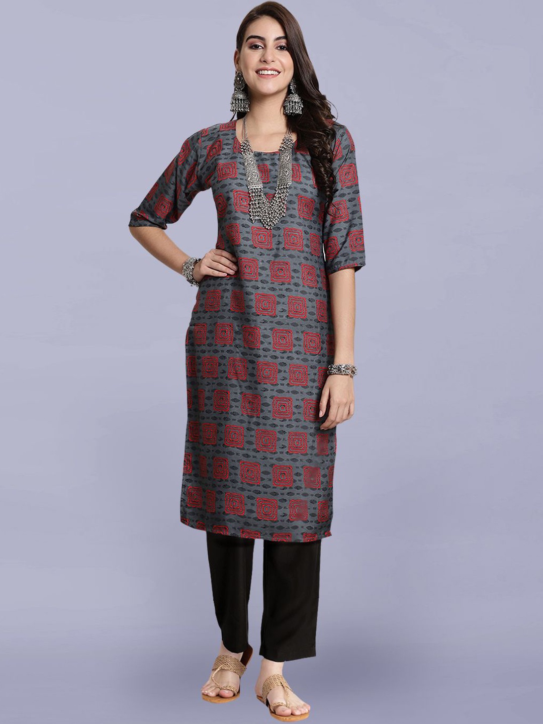 

Moda Rapido Geometric Printed Round Neck Straight Kurta With Trousers, Grey