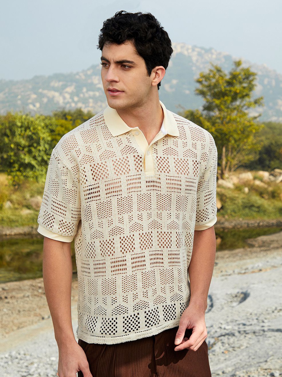 

Campus Sutra Men Self Design Polo Collar Cotton T-shirt, Beige