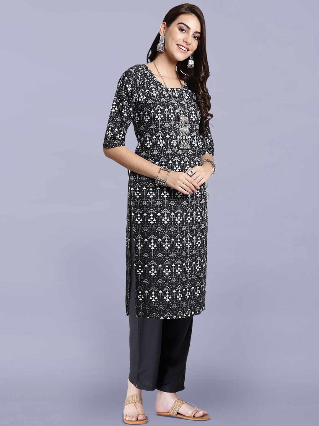 

Moda Rapido Ethnic Motifs Printed Round Neck Straight Kurta With Trousers, Black