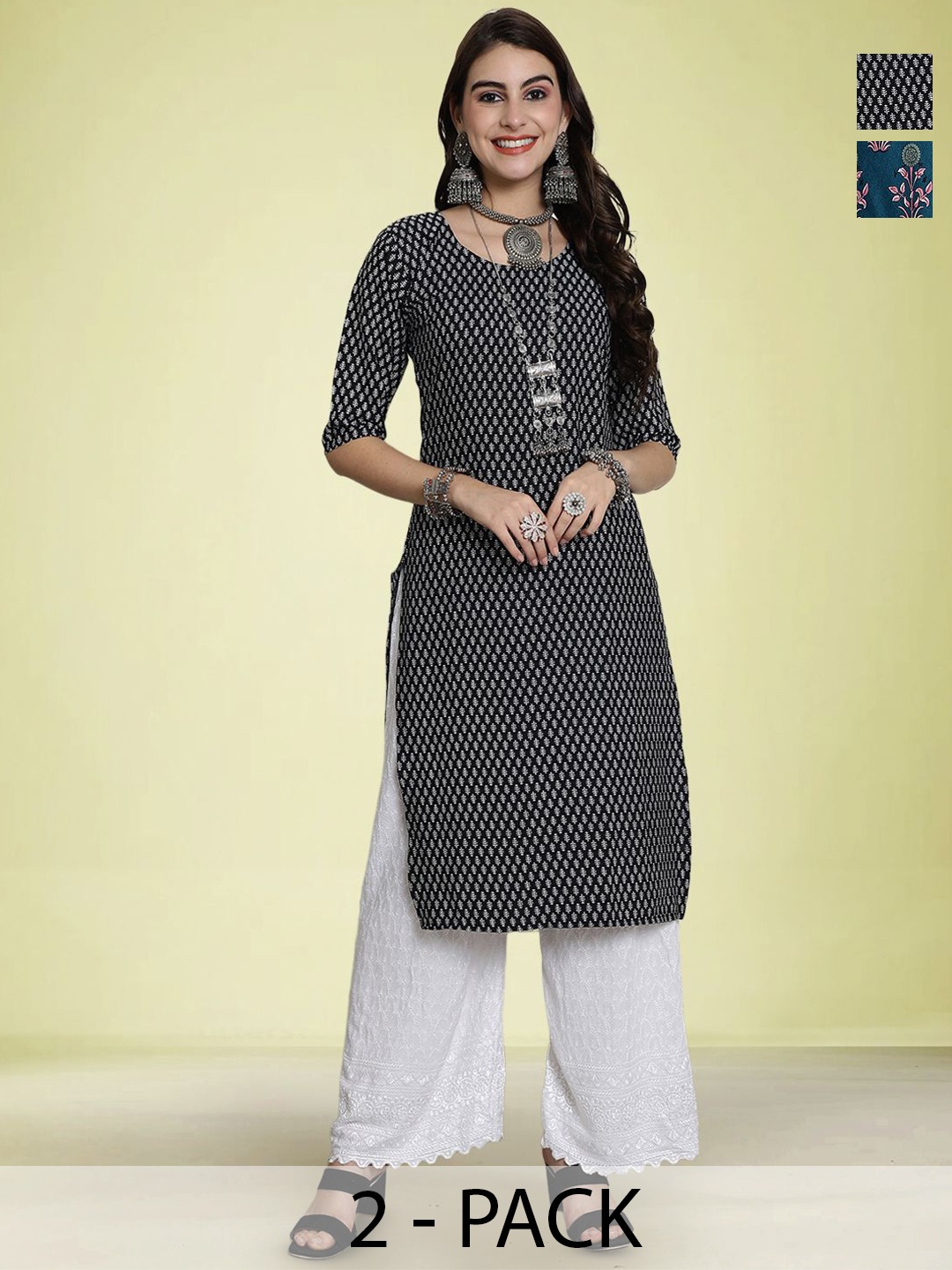 

Moda Rapido Women Pack Of 2 Printed Straight Kurta, Black