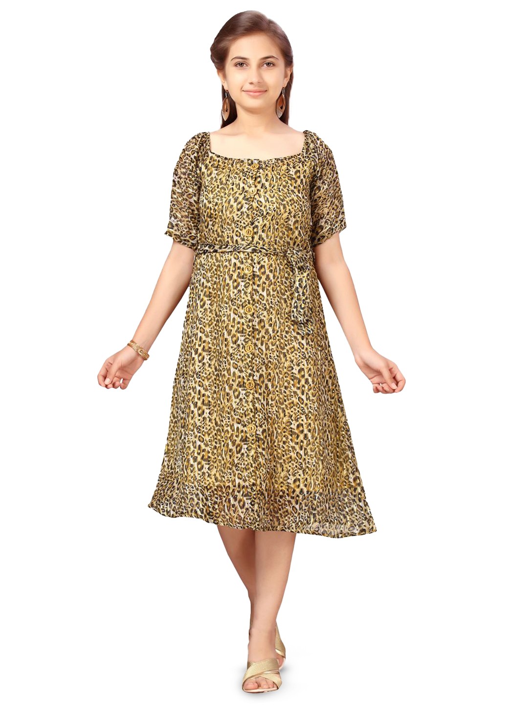 

HERE&NOW Girls Animal Print Georgette A-Line Midi Dress, Yellow