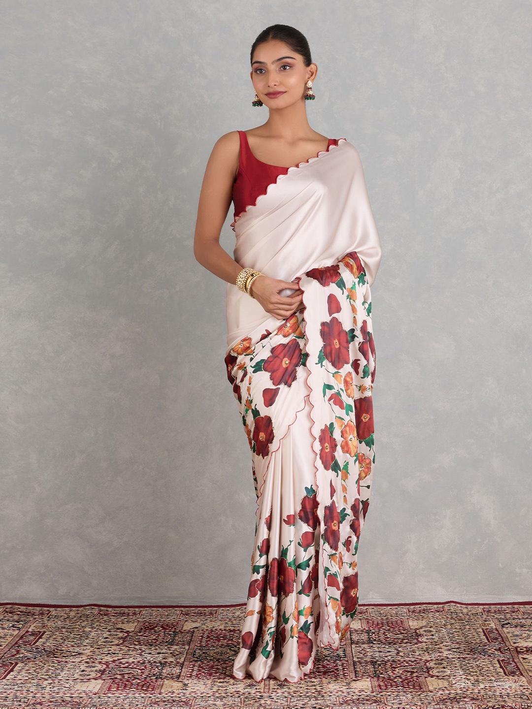 

LeeliPeeri Designer Floral Printed Beads and Stones Saree, White