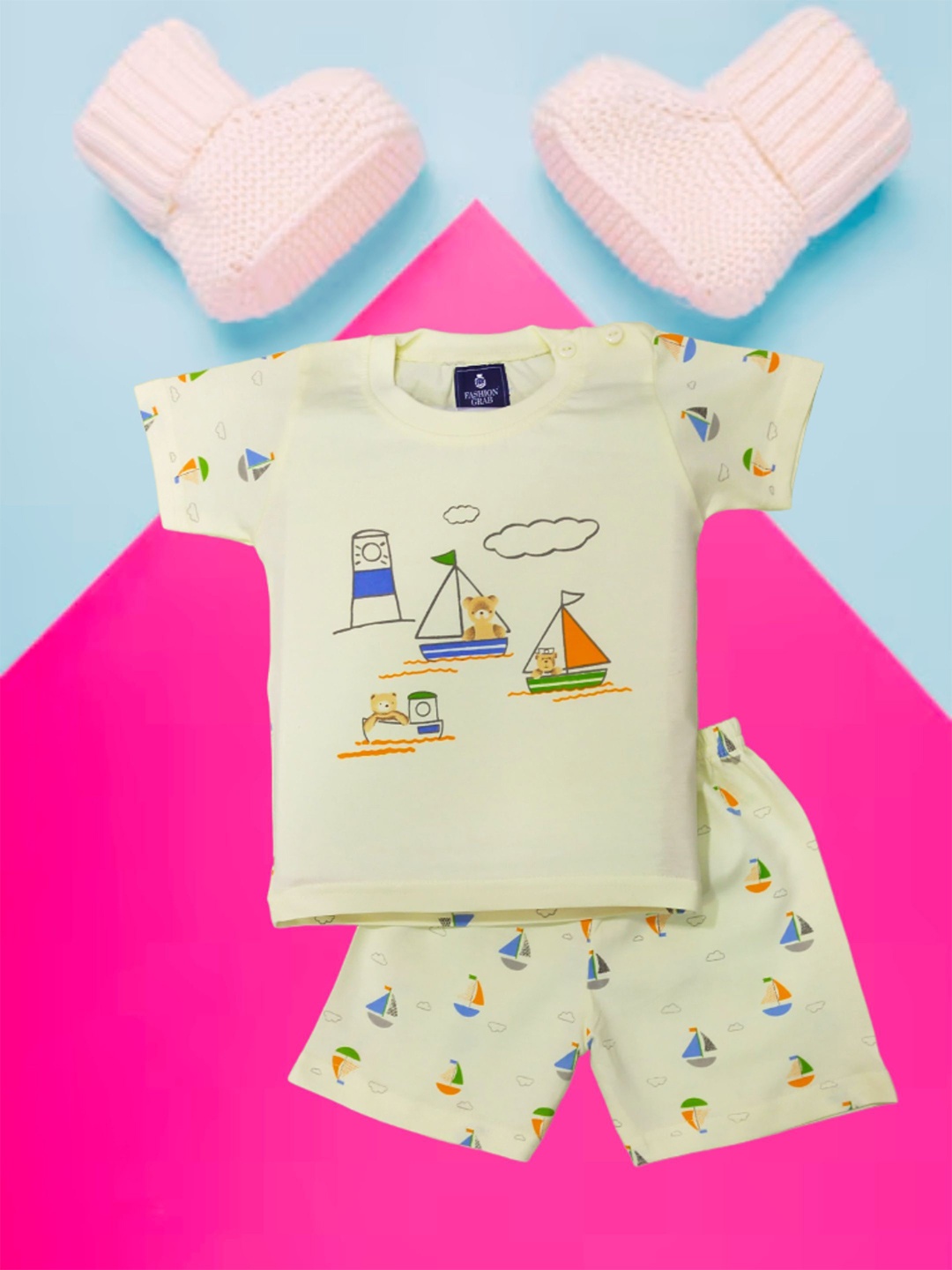 

FASHION GRAB Infant Kids Printed Pure Cotton T-Shirt With Shorts, Yellow