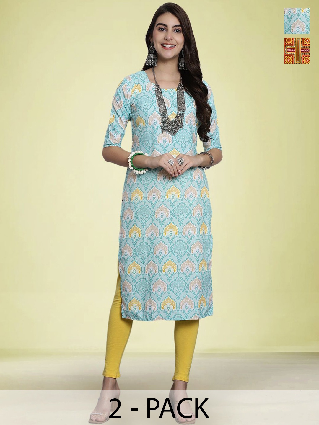 

Moda Rapido Selection Of 2 Ethnic Motifs Printed Round Neck Straight Kurtas, Blue