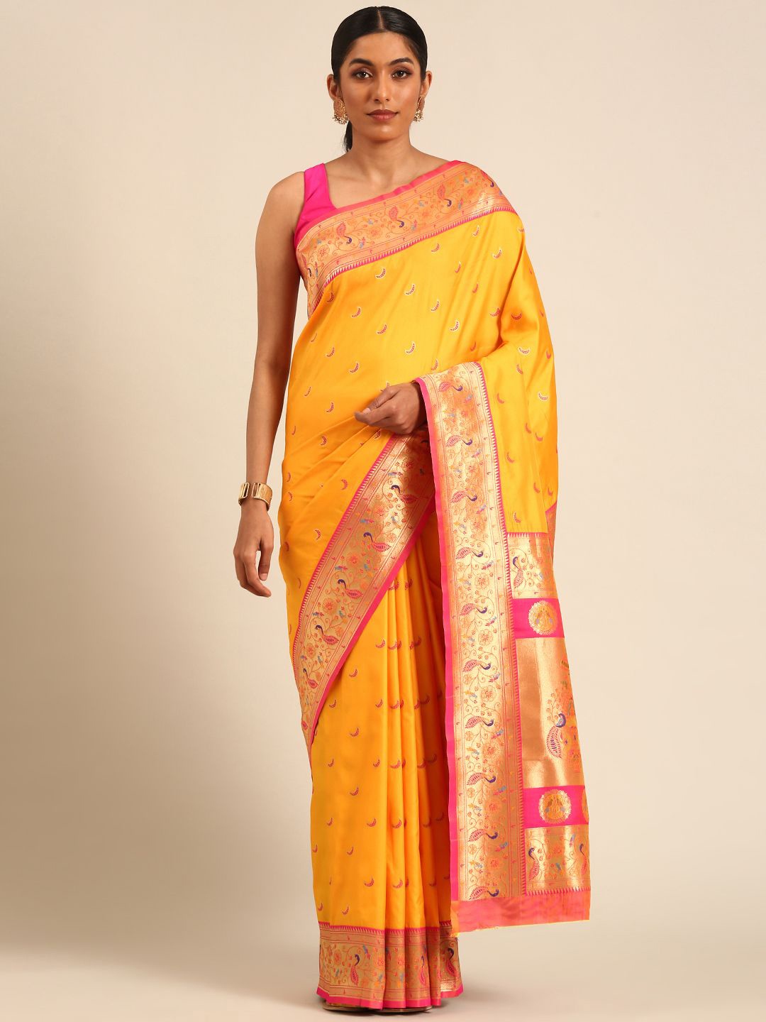 

Panzora Woven Design Zari Silk Blend Paithani Saree, Yellow