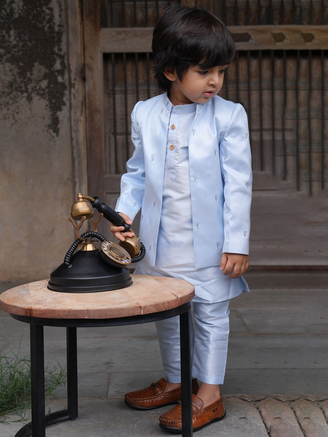 

Funny Bones Clothings Boys Pure Silk Straight Kurta With Trouser & Jodhpuri Blazer, Blue