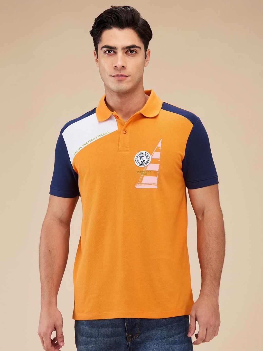 

Being Human Men Colourblocked Polo Collar Cotton Slim Fit T-shirt, Orange