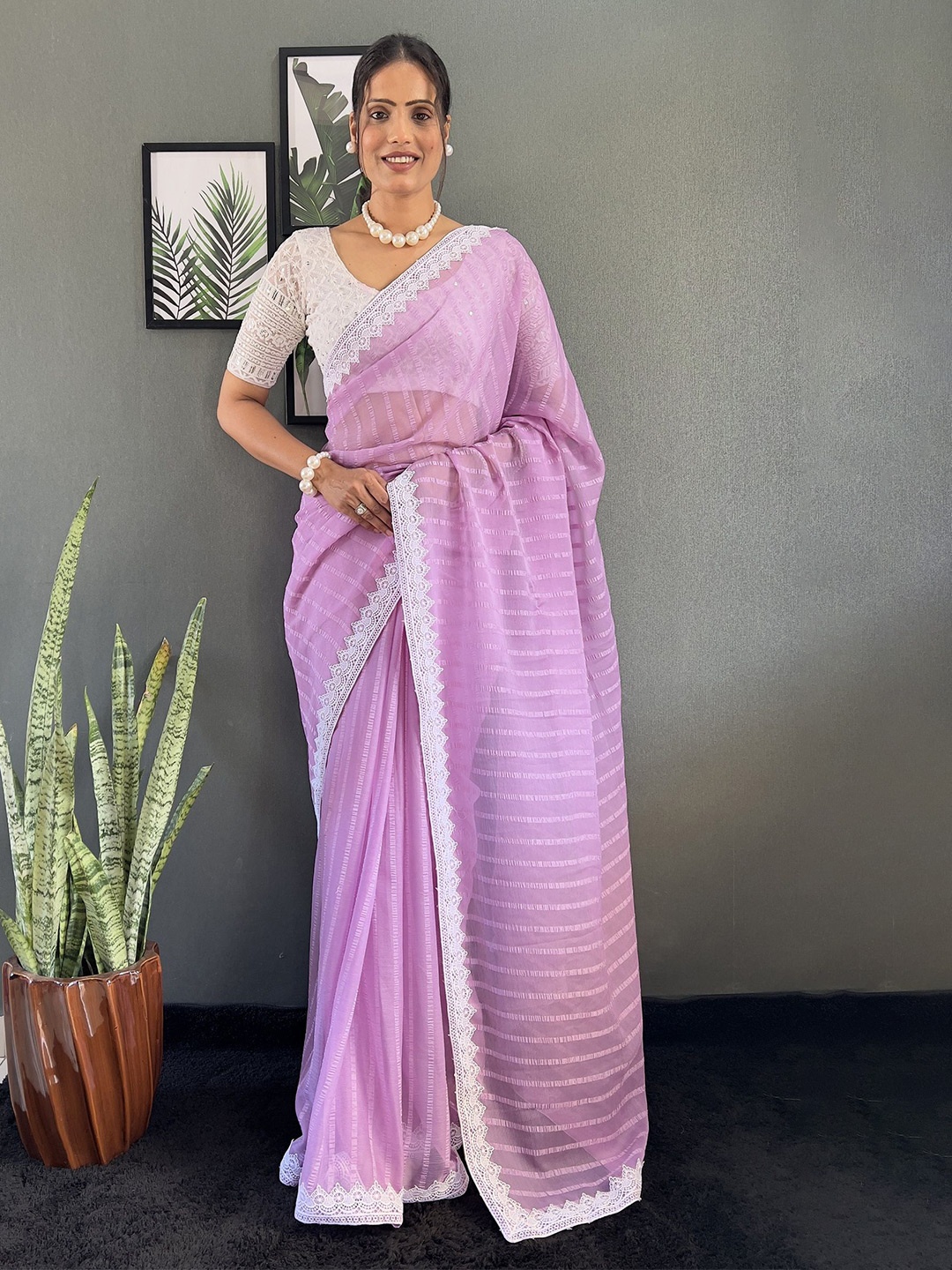 

LADY SHOPI Striped Pure Chiffon Ready to Wear Saree, Lavender