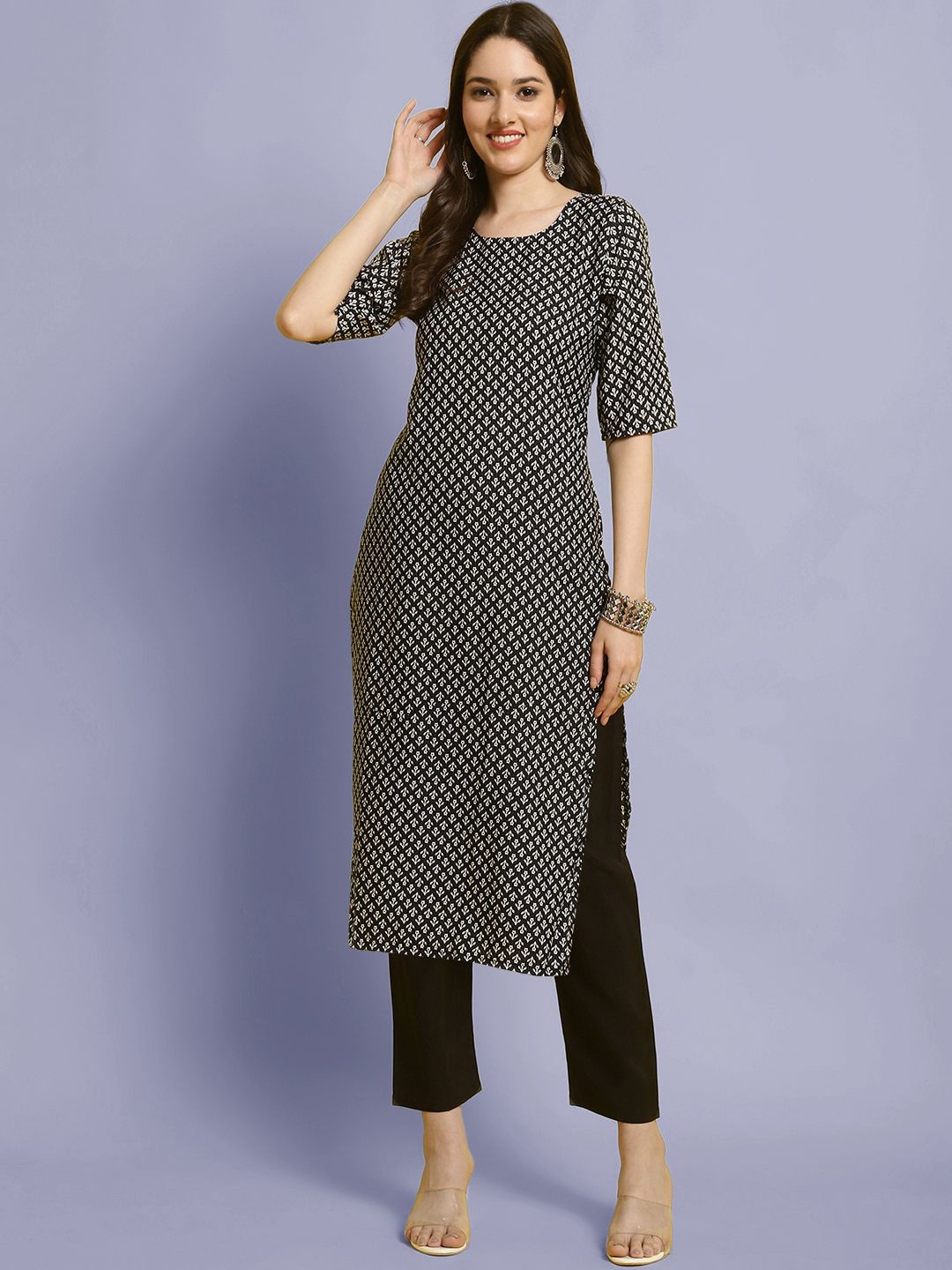 

Moda Rapido Floral Printed Round Neck Straight Kurta With Trousers, Black