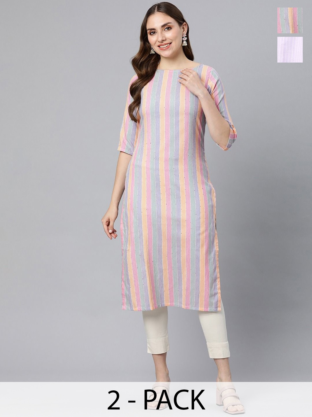 

KALINI Selection Of 2 Striped Round Neck Straight Kurtas, Pink