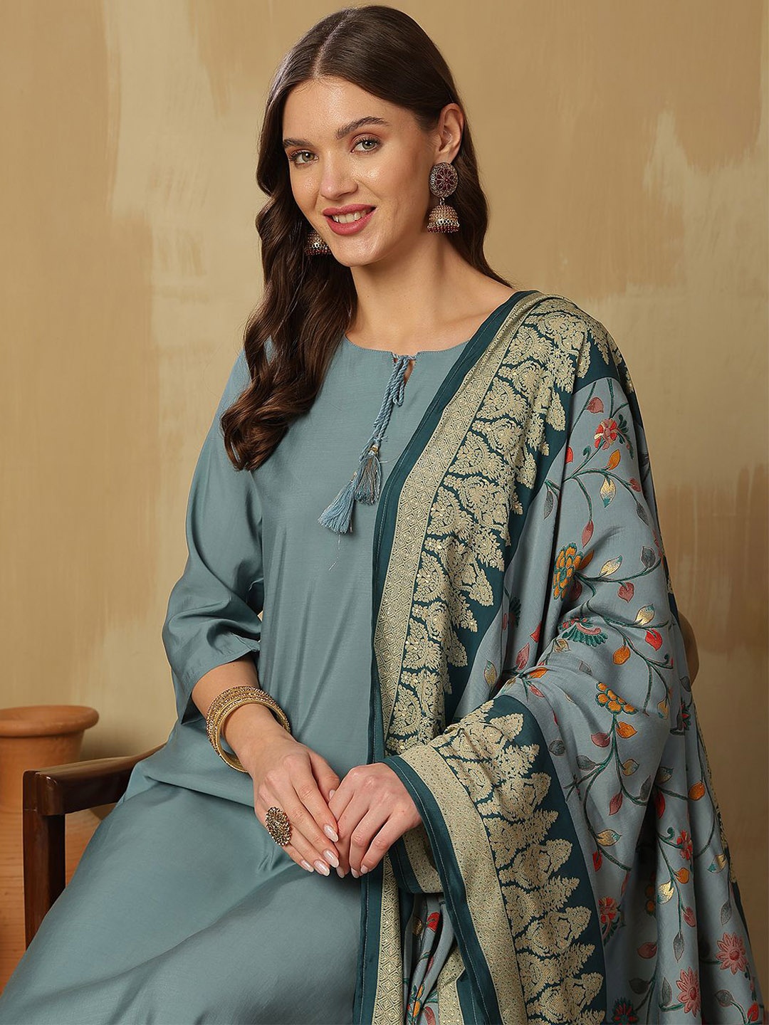 

Anouk Women Regular Pure Silk Kurta with Trousers & With Dupatta, Grey