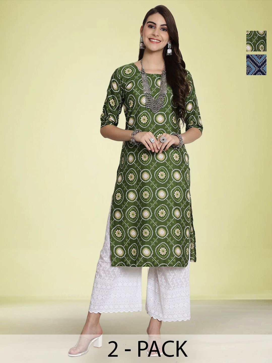 

Moda Rapido Selection Of 2 Geometric Printed Round Neck Straight Kurtas, Green