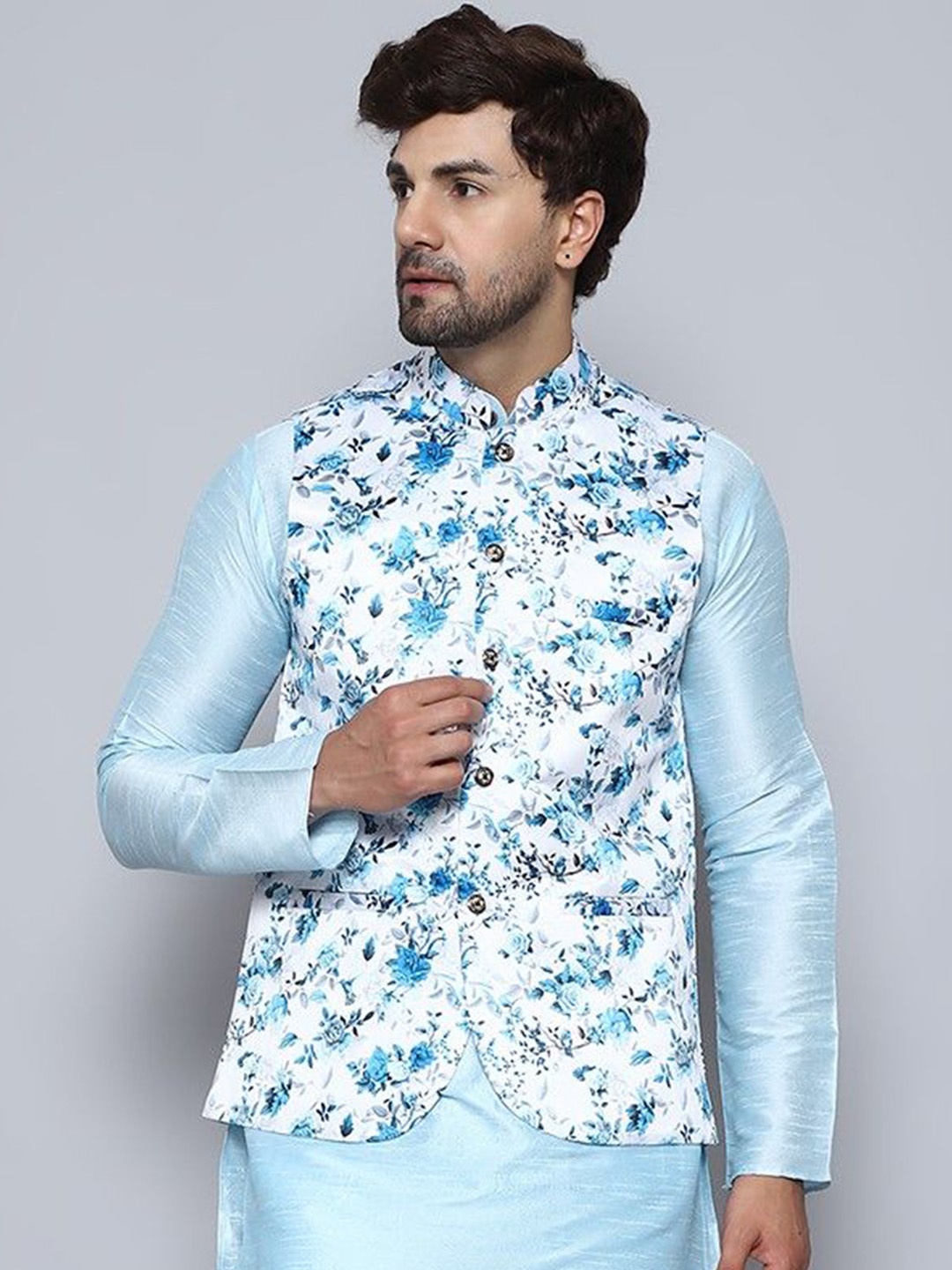 

BANHUSSAIN Printed Satin Nehru Jacket, White