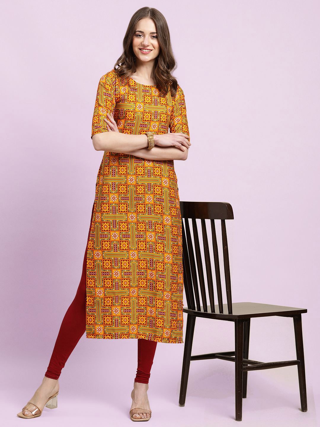 

Moda Rapido Women Printed Straight Kurta, Mustard