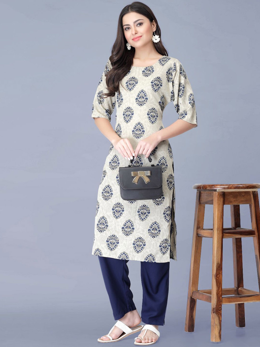 

Moda Rapido Floral Printed Round Neck Straight Kurta With Trouser, Navy blue
