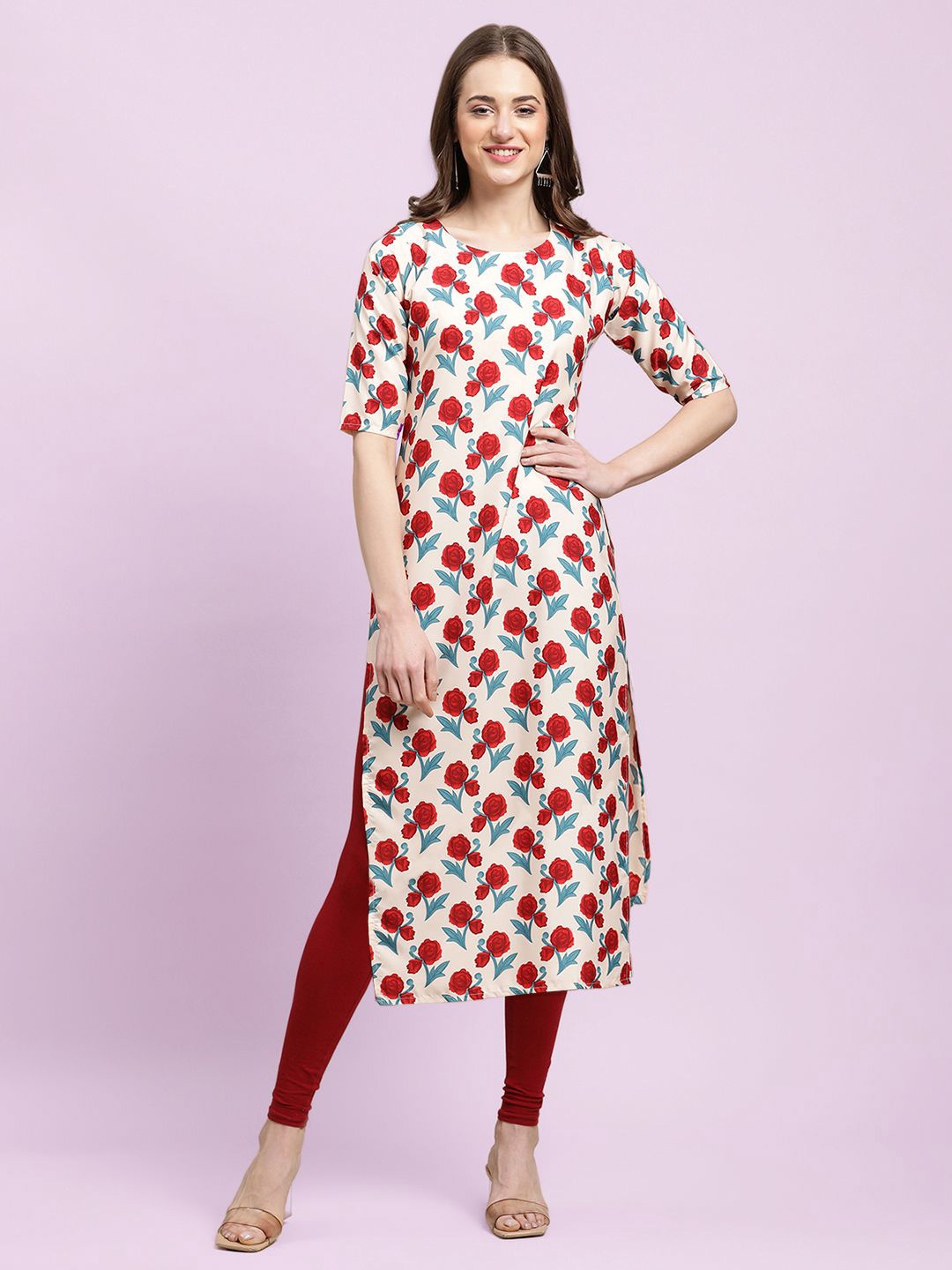 

Moda Rapido Floral Printed Round Neck Straight Kurtas, Red