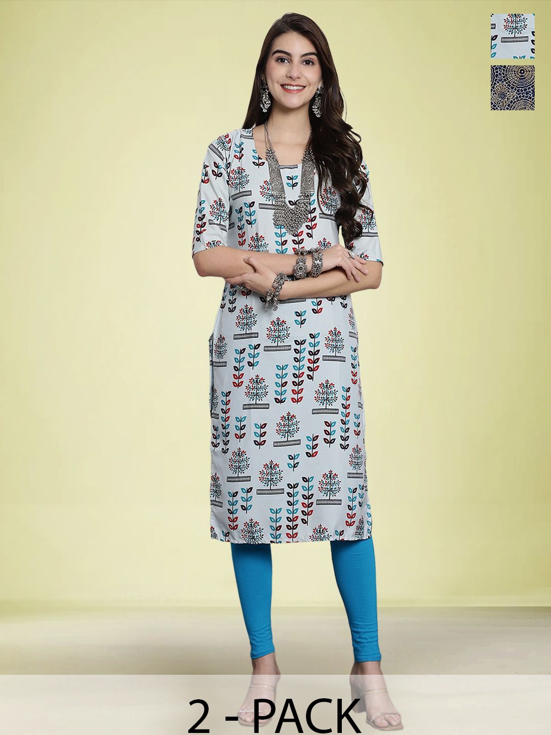 

Moda Rapido Selection Of 2 Floral Printed Round Neck Straight Kurtas, Grey
