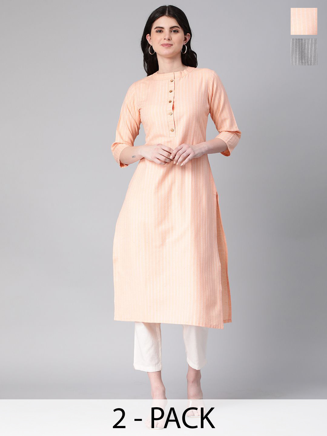 

KALINI Selection Of 2 Striped Band Collar Straight Kurtas, Peach