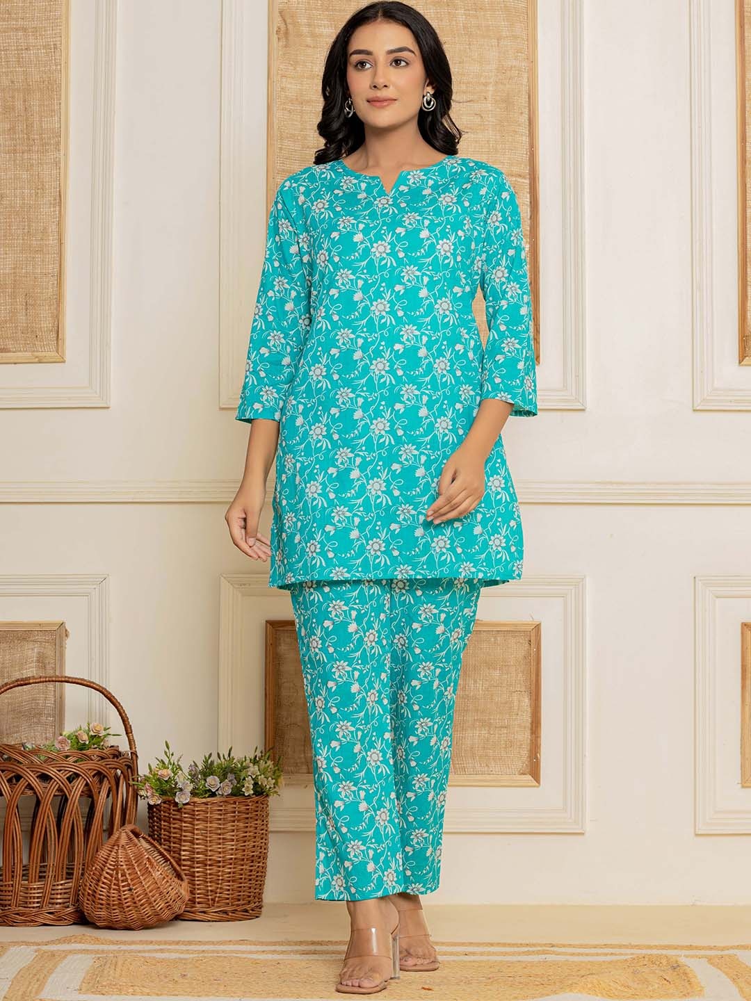 

Bhoolft Floral Printed Notch Neck Pure Cotton Top With Trouser, Teal