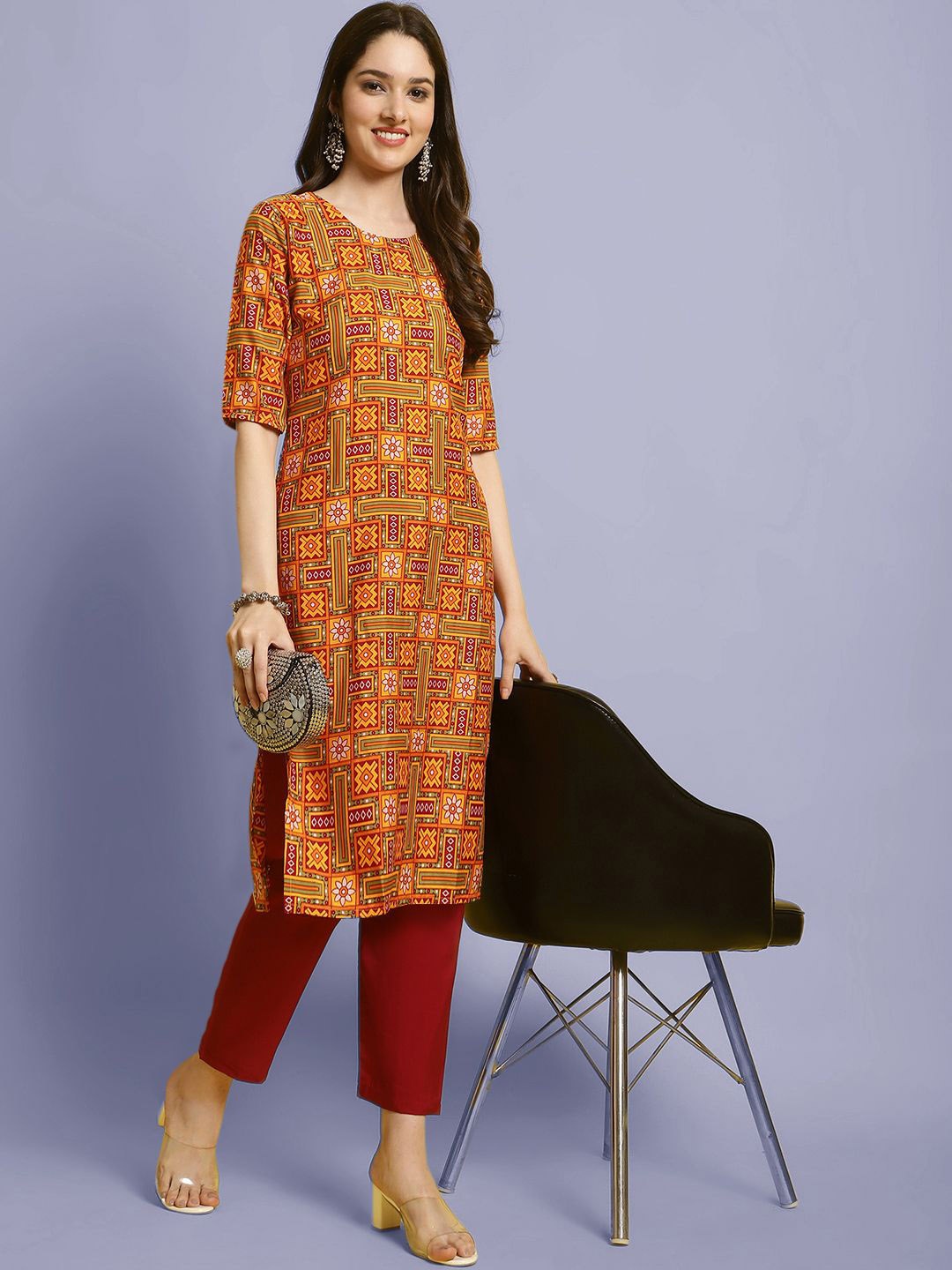 

Moda Rapido Ethnic Motifs Printed Round Neck Straight Kurta With Trousers, Yellow