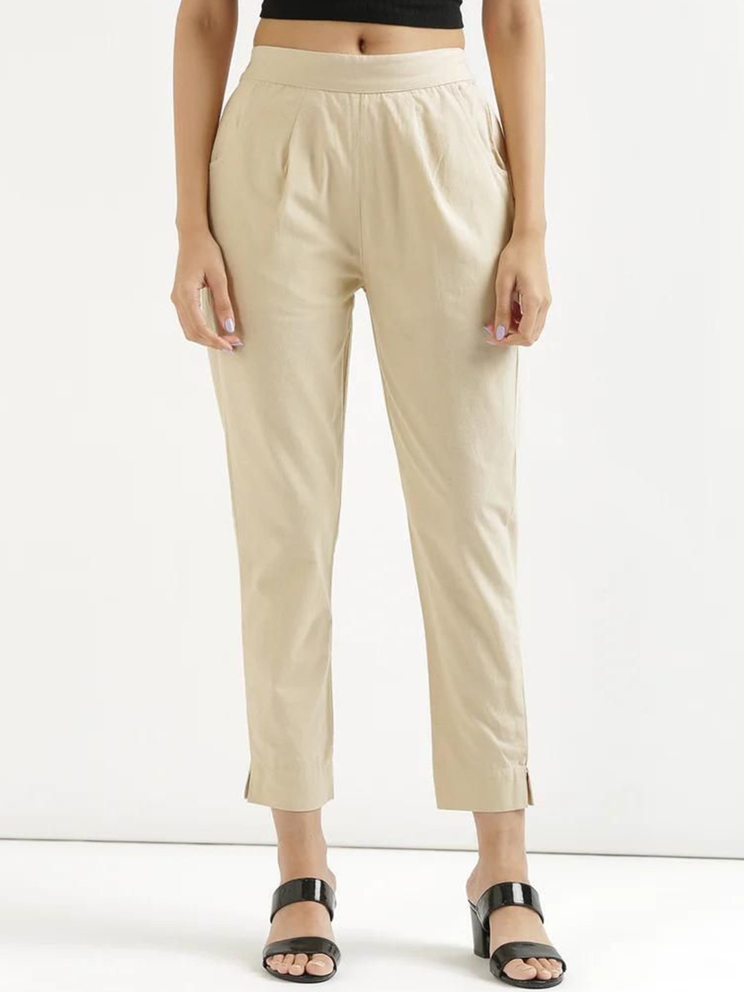 

KASHISHIYA Women Relaxed Fit Cotton Trousers, Cream
