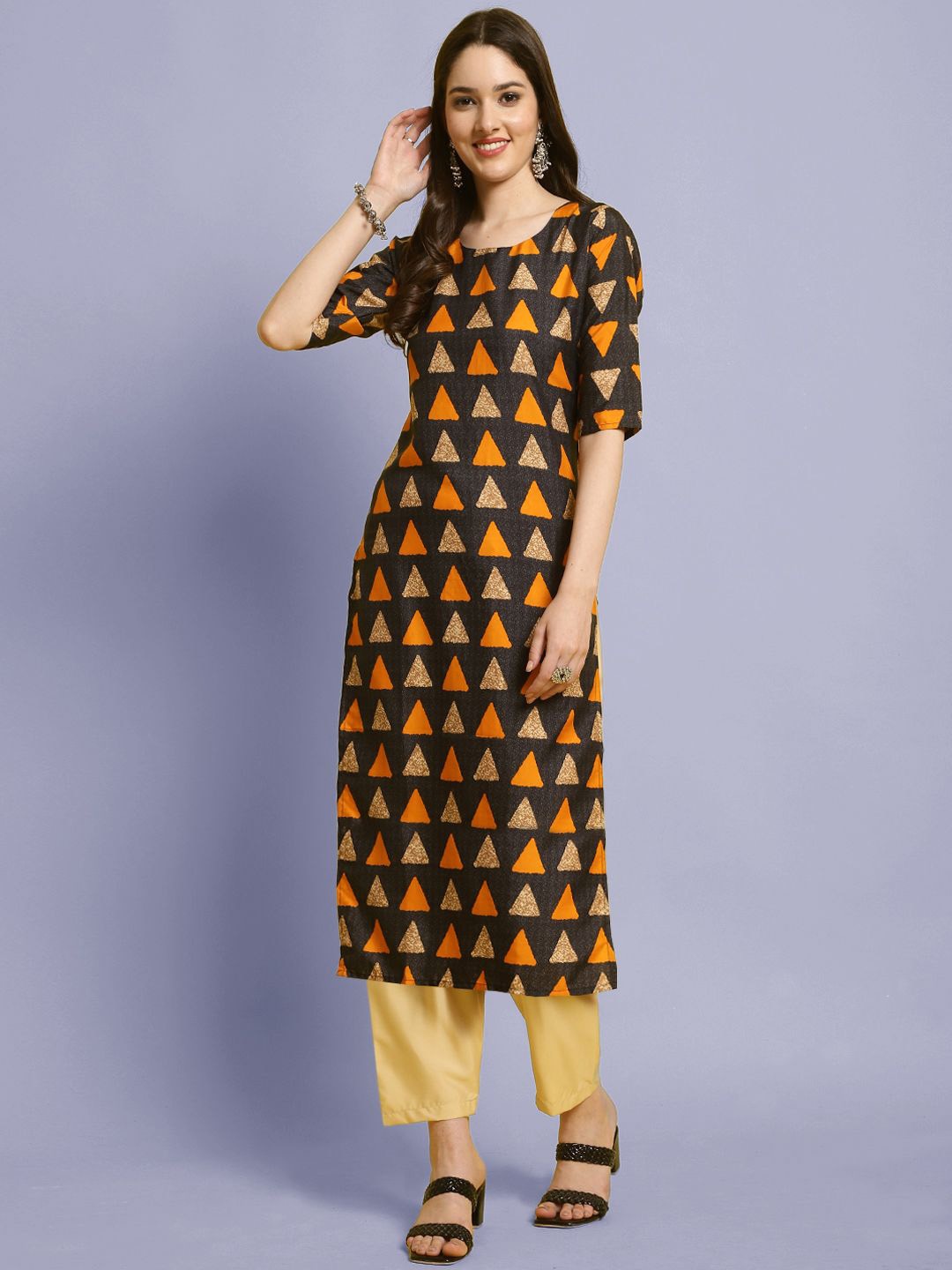 

Moda Rapido Geometric Printed Round Neck Straight Kurta With Trouser, Black