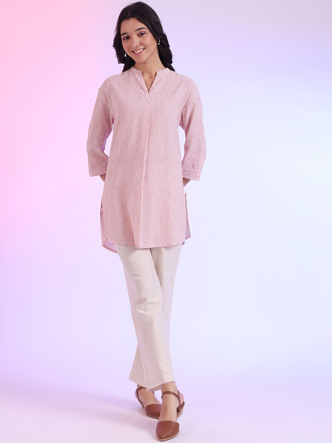 

AURELIA Striped Mandarin Collar Straight Kurtas, Orange