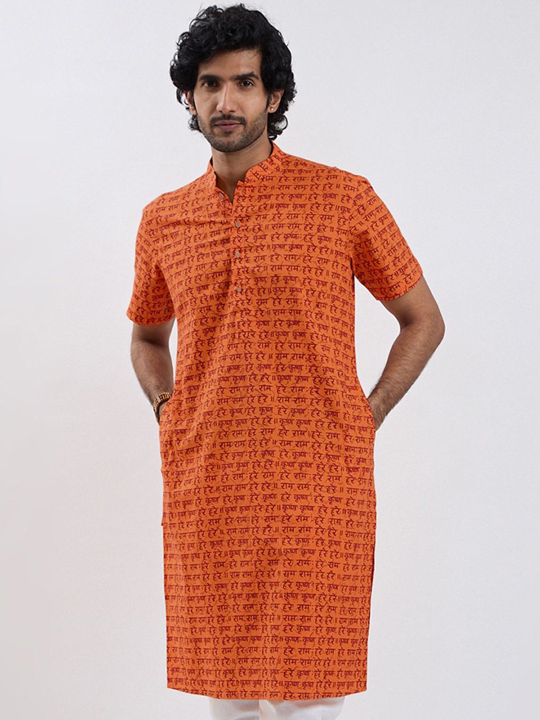 

VASTRAMAY Ethnic Hare Krishna Hare Ram Printed Mandarin Collar Cotton Straight Kurta, Orange
