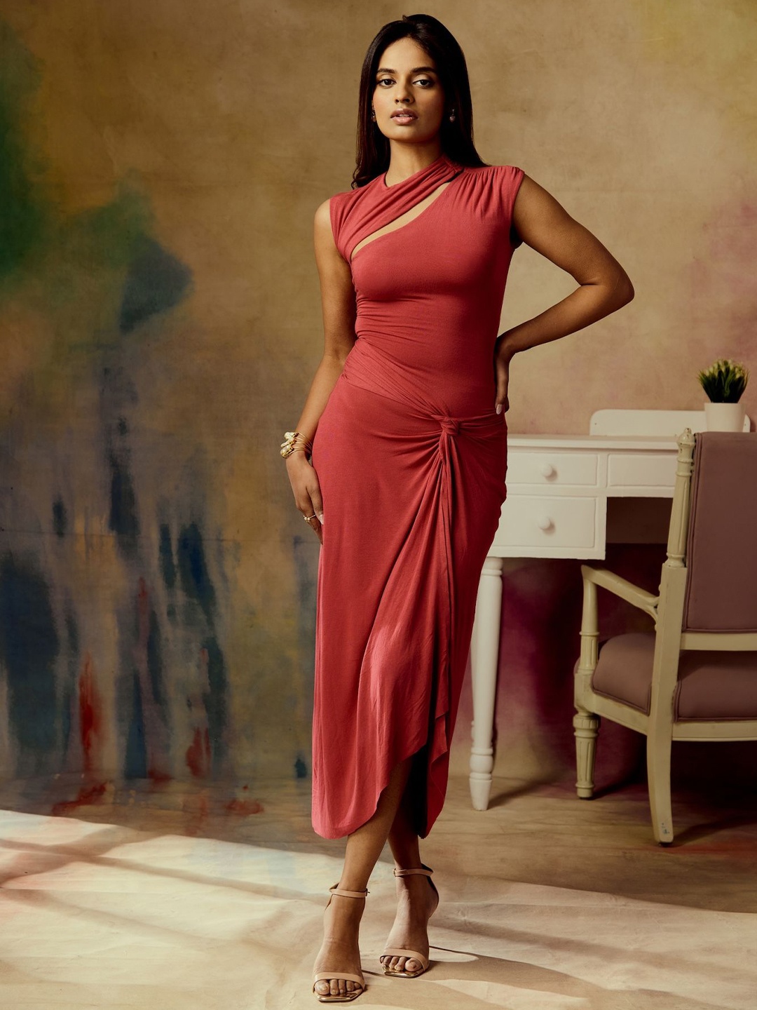 

Lea Clothing Co. Women Cut-Outs Twisted Bodycon Midi Dress, Red
