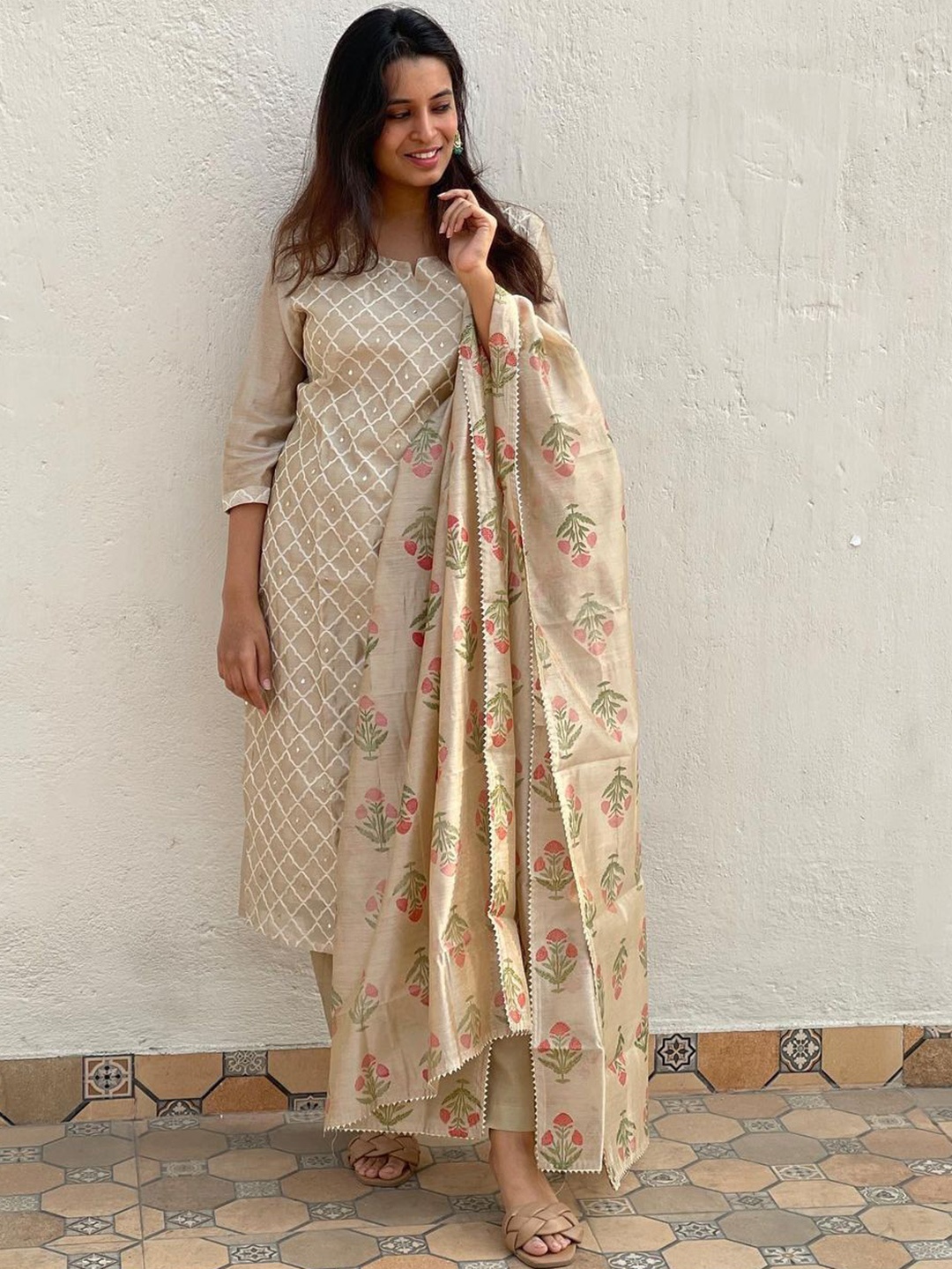 

GoSriKi Geometric Printed Mirror Work Straight Kurta With Trouser And Dupatta, Cream