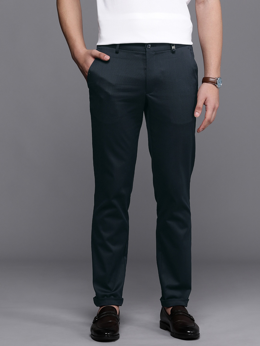 

Louis Philippe Sport Men Textured Tapered Fit Trousers, Navy blue