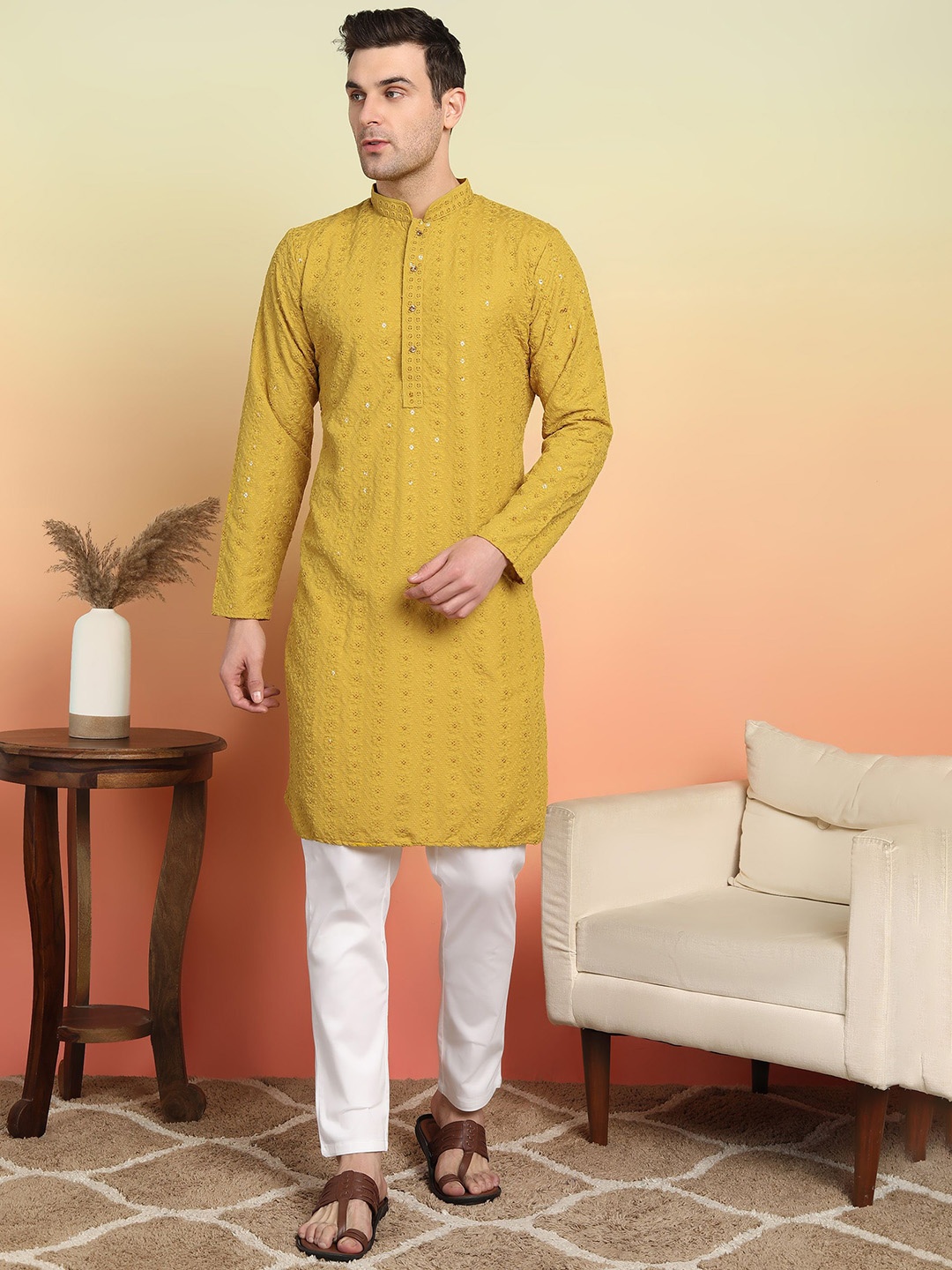

SWAGG INDIA Floral Embroidered Mandarin Collar Thread Work Straight Kurta, Mustard