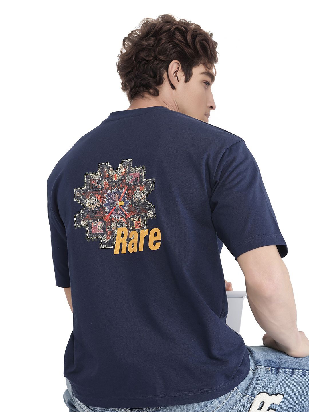

RARE RABBIT Men Graphic Printed Round Neck Cotton Oversized T-shirt, Navy blue