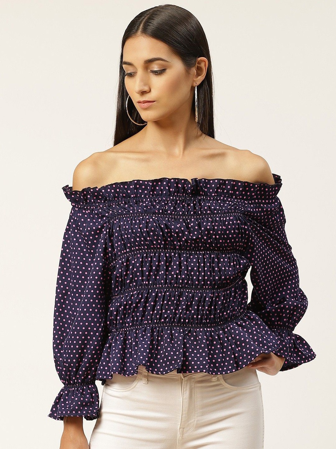

VYMO Embellished Print Off-Shoulder Top, Blue