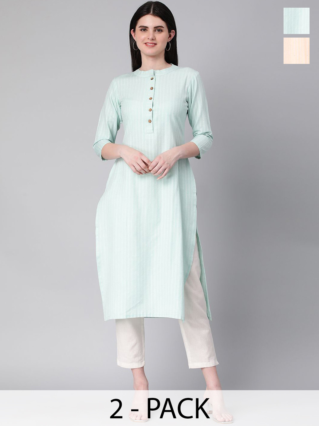

KALINI Selection Of 2 Striped Mandarin Collar Straight Kurtas, Turquoise blue