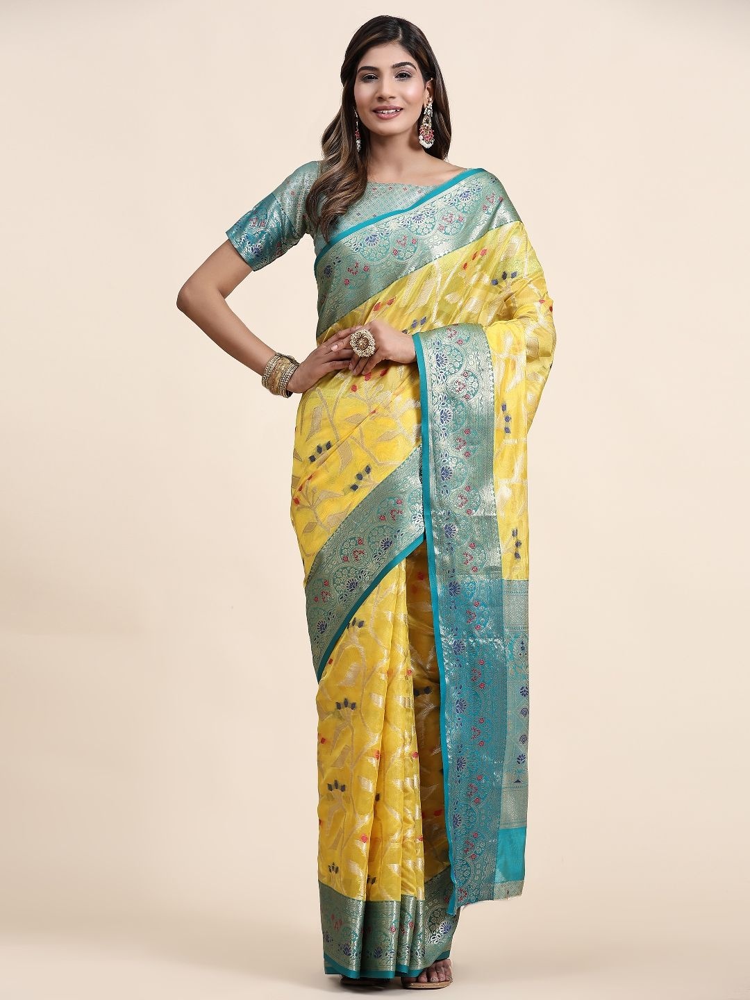 

DHRUTI CREATION Woven Design Zari Organza Saree, Yellow