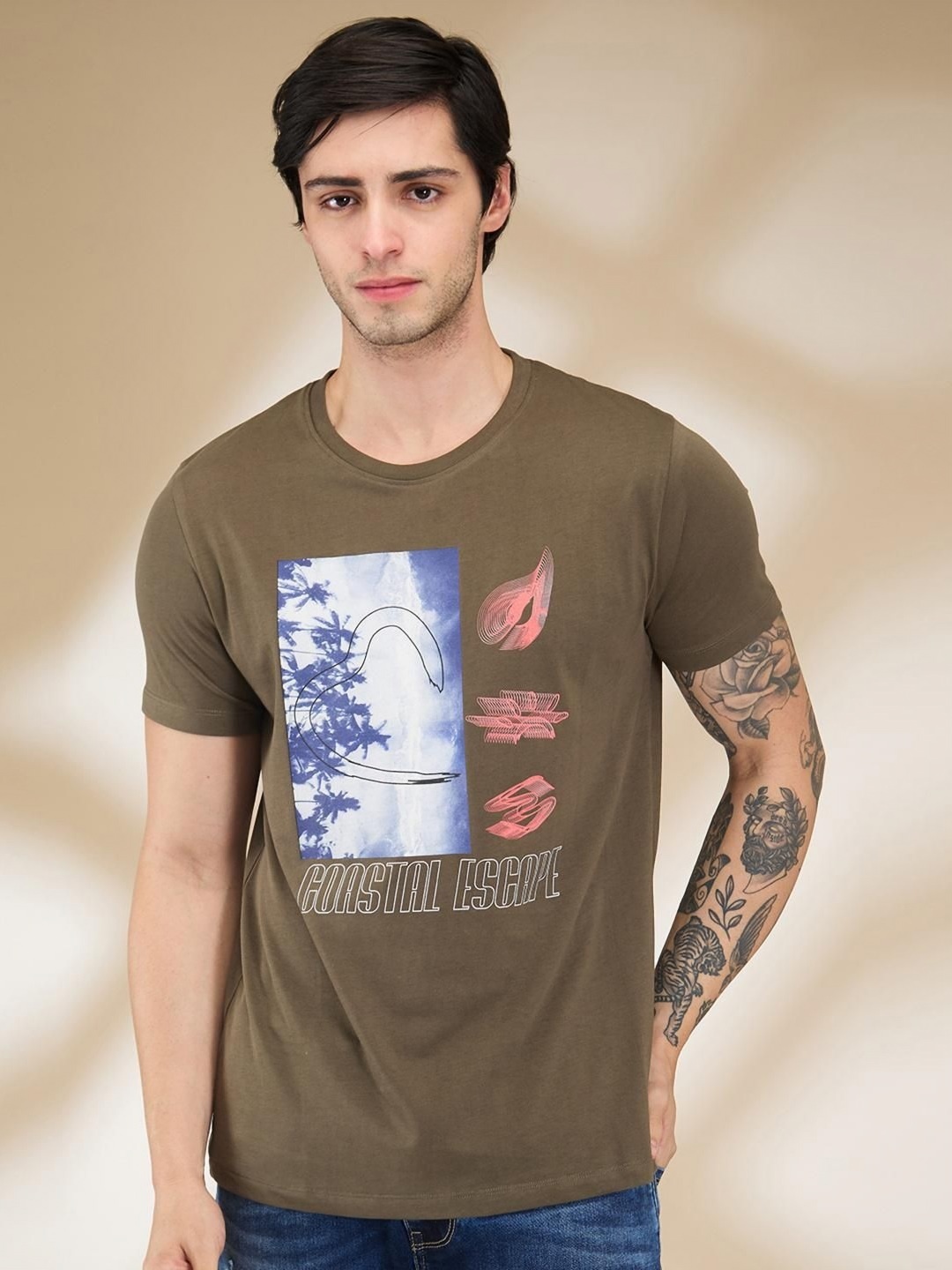 

Being Human Men Graphic Printed Round Neck Cotton T-shirt, Olive