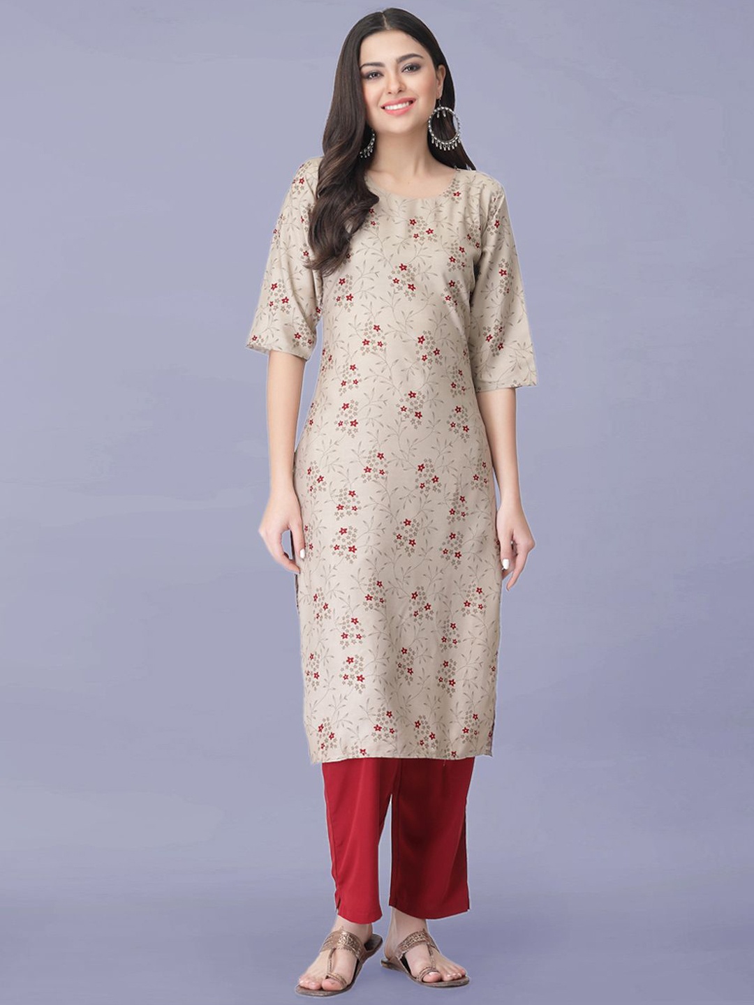 

Moda Rapido Floral Printed Round Neck Straight Kurta With Trousers, Beige