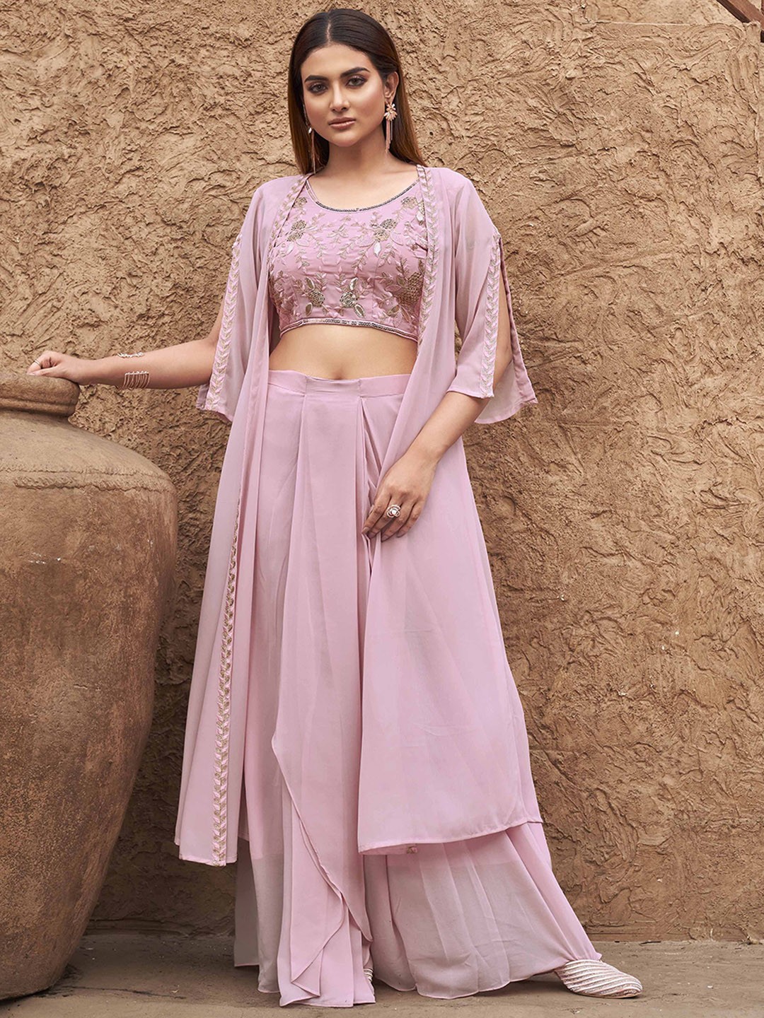 

Tikhi Imli Pink Floral Embroidered Georgette Top With Skirt & Shrug