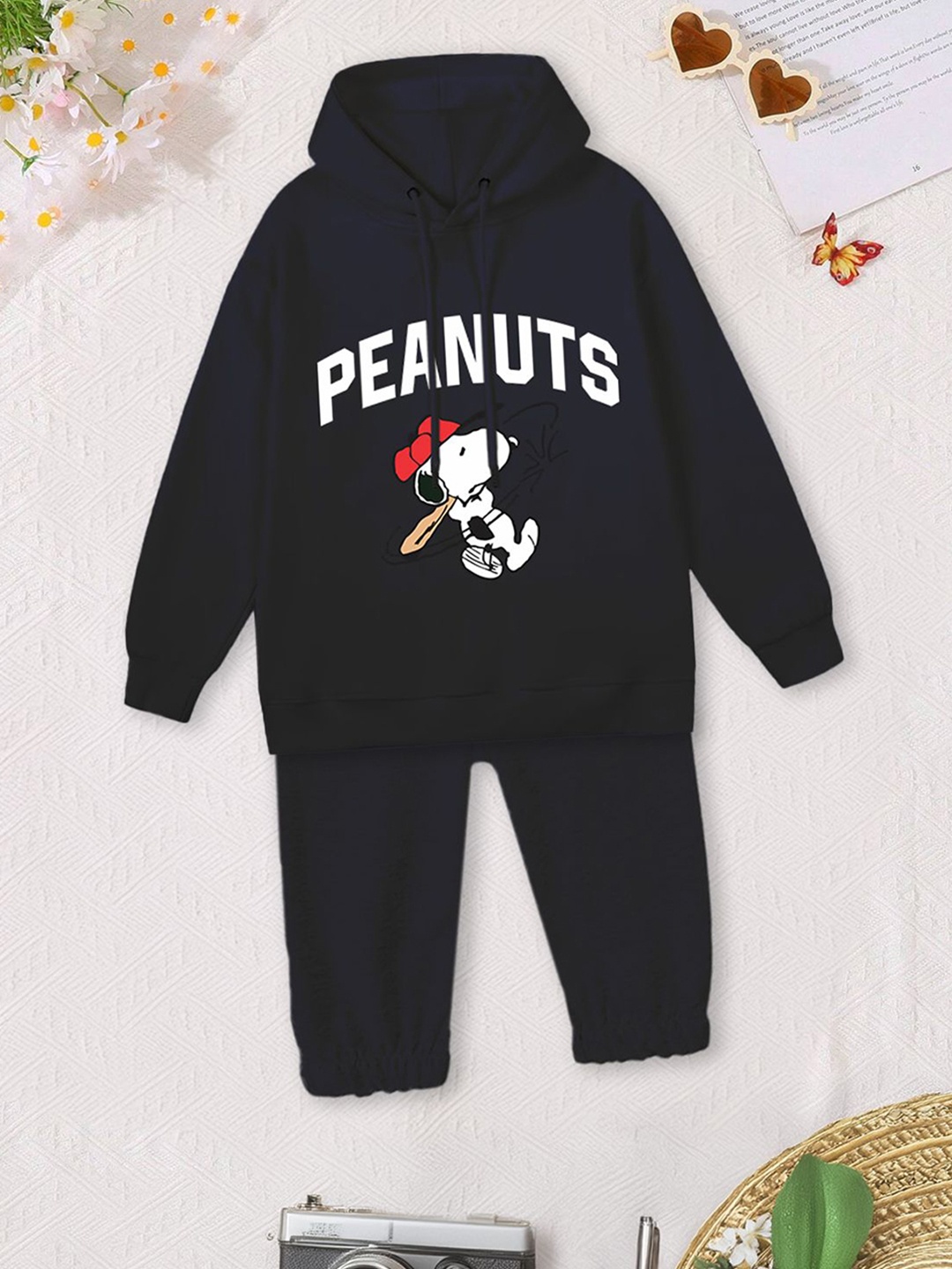 

FOREVER FRIDAY Girls Printed Hooded Pure Cotton Sweatshirt With Joggers, Navy blue