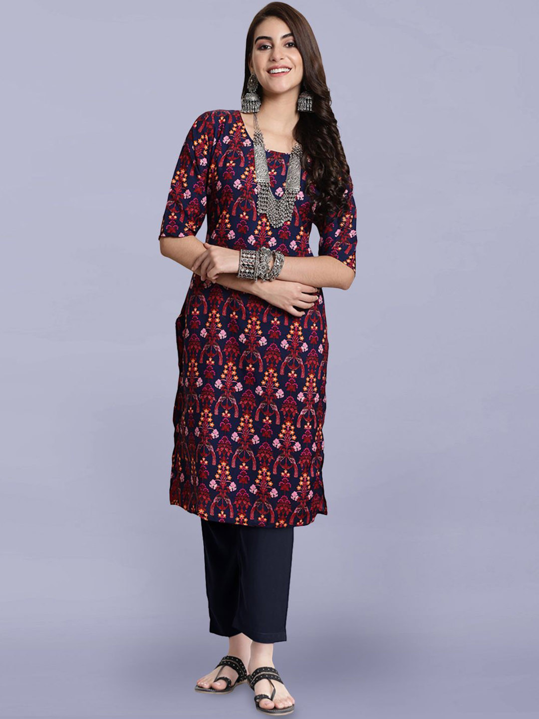 

Moda Rapido Ethnic Motifs Printed Round Neck Straight Kurta With Trousers, Navy blue