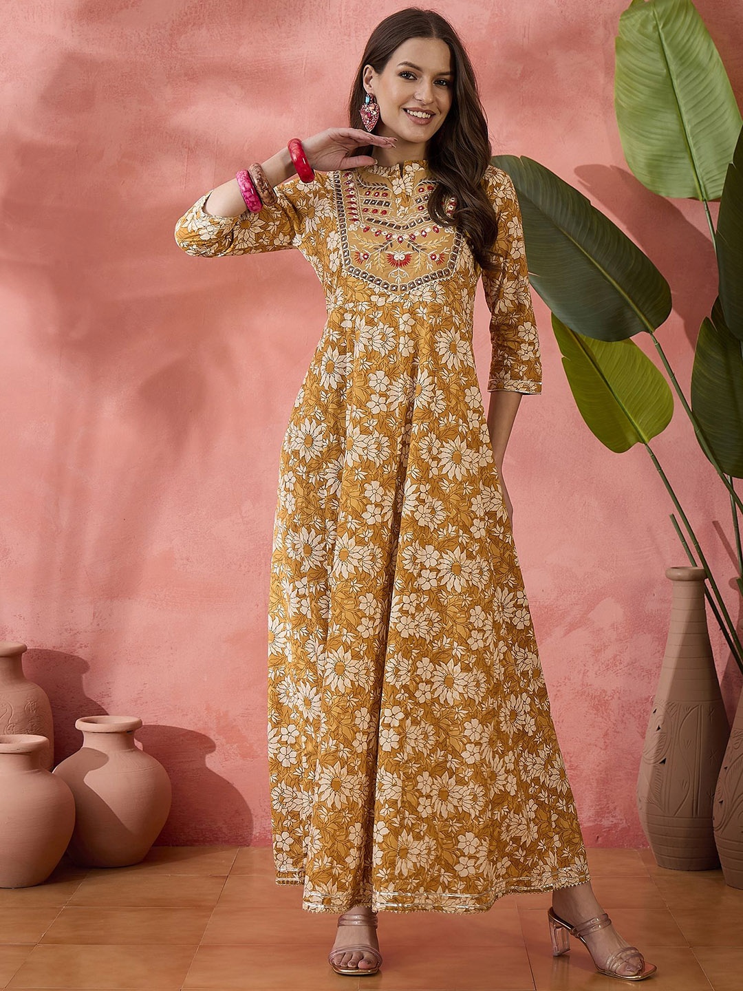 

Sangria Floral Printed & Embroidered Details Pure Cotton Anarkali Ethnic Dress, Mustard