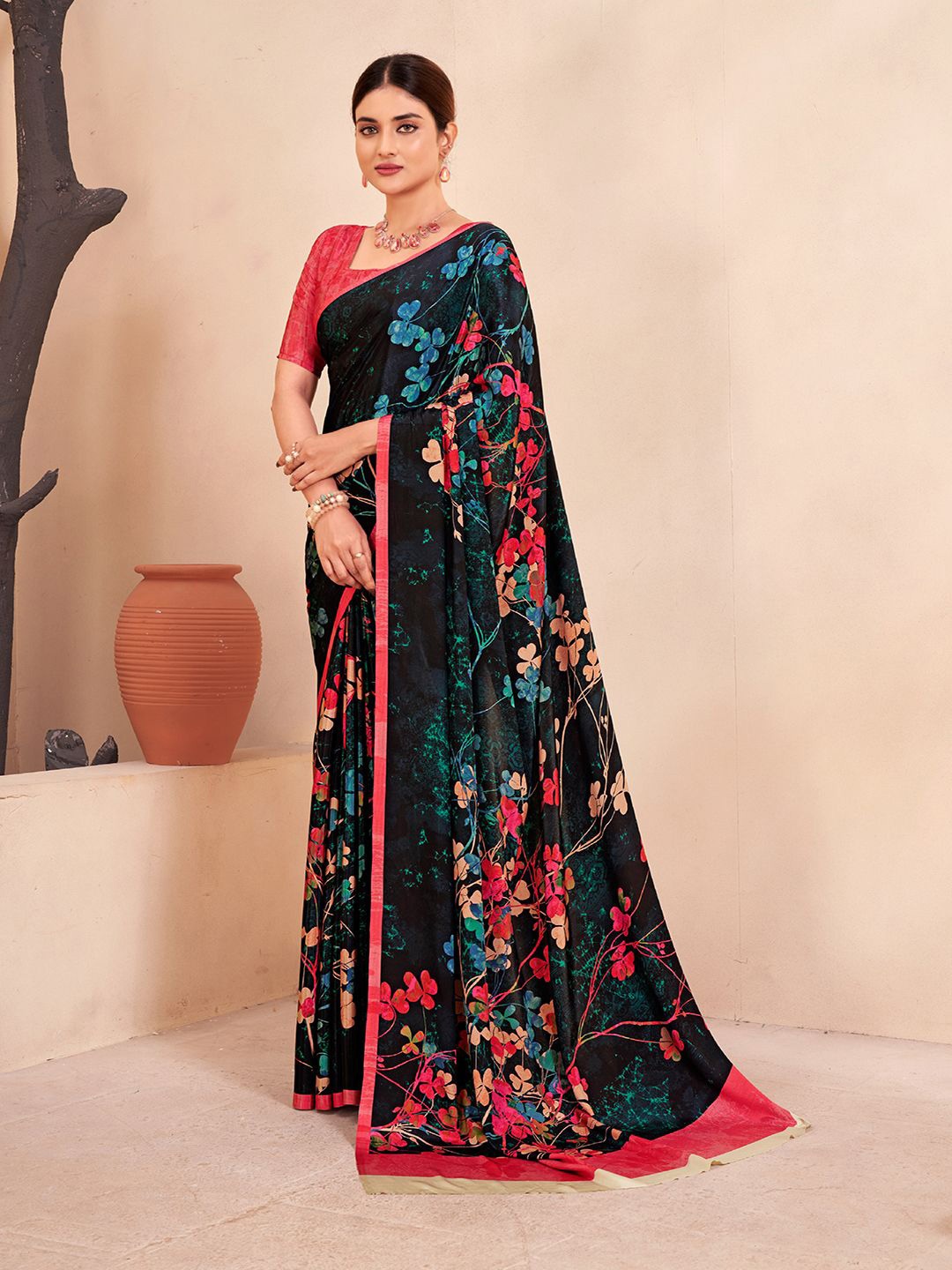 

Krimmple Floral Poly Crepe Mysore Silk Saree, Black