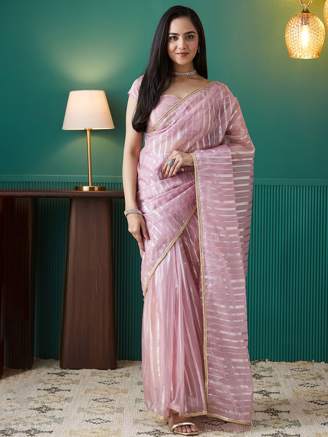 

RACHNA Striped Embroidered Organza Ready to Wear Saree, Pink