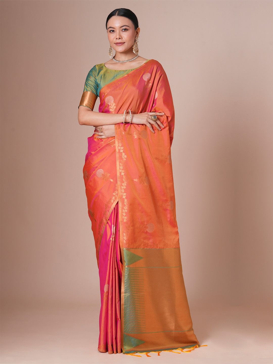 

House of pataudi Woven Design Pure Silk Jamdani Saree With Blouse Piece, Orange