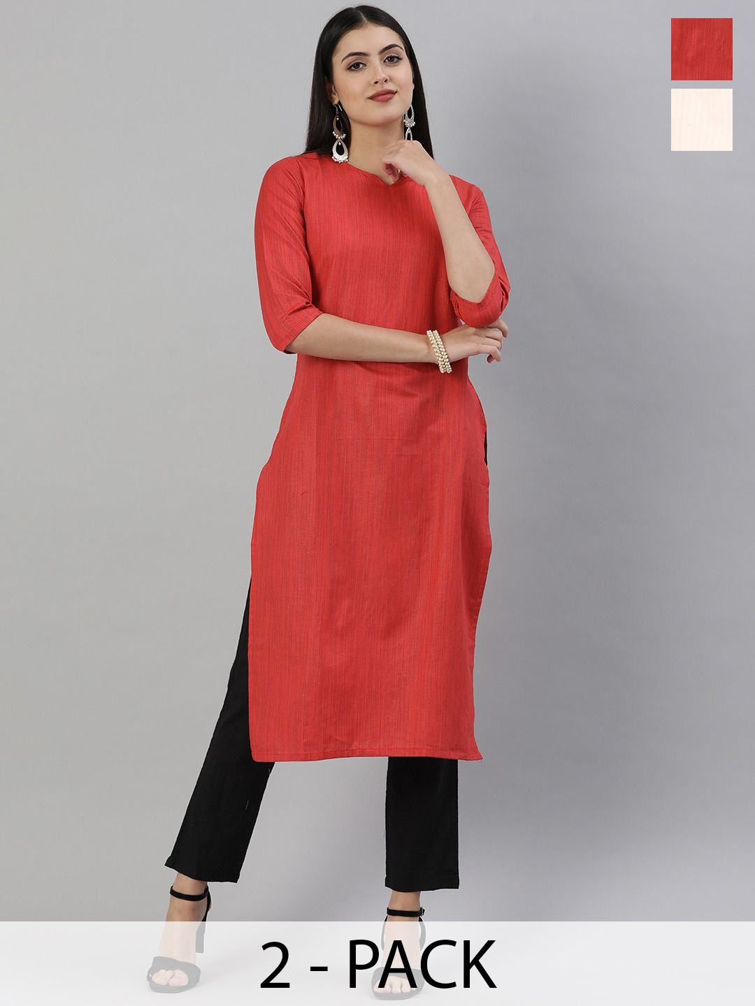 

KALINI Selection Of 2 Notch Neck Cotton Straight Kurtas, Red