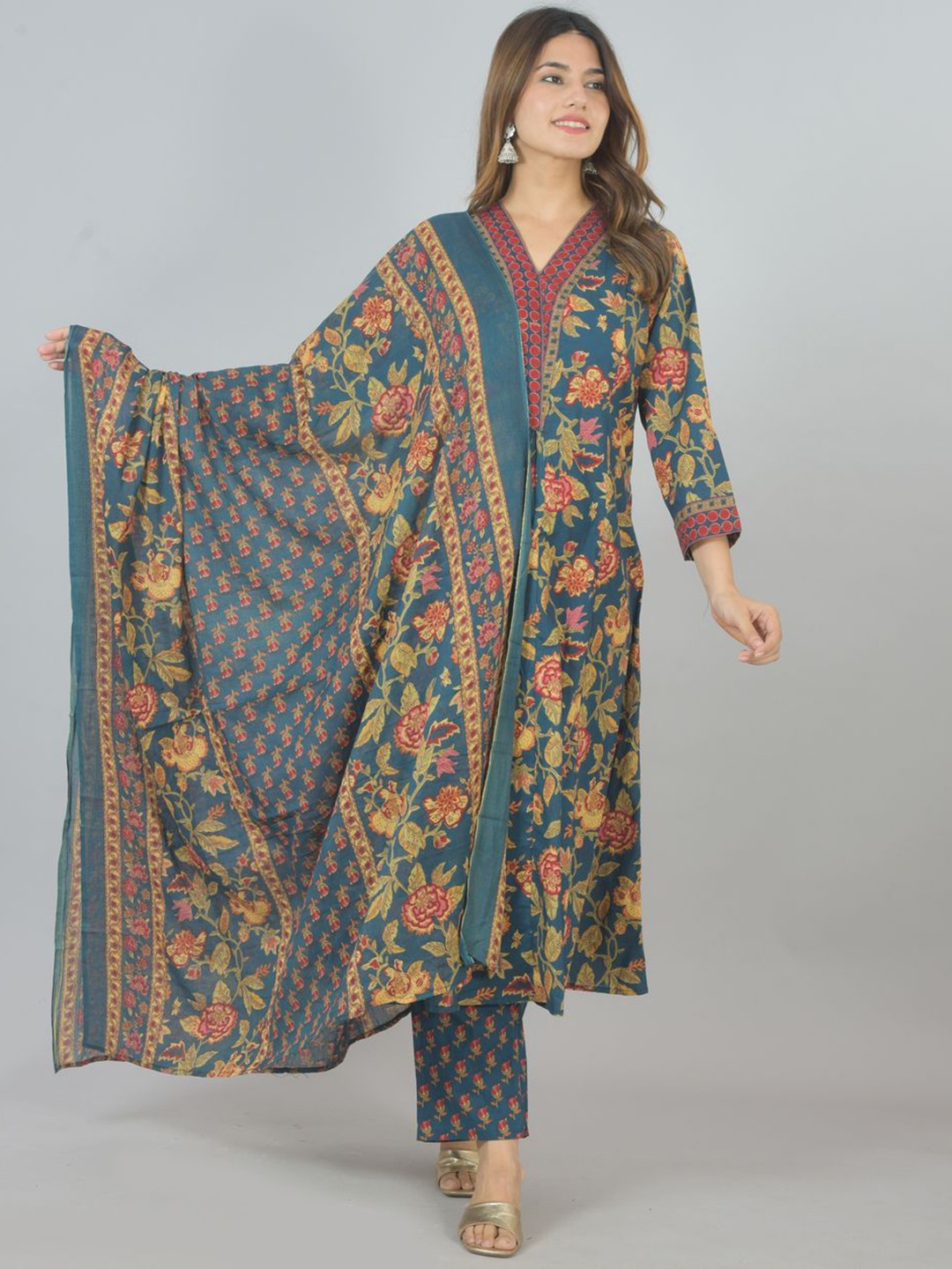 

NISHIRE Floral Printed V-Neck Pleated Pure Cotton A-Line Kurta With Trousers & Dupatta, Green