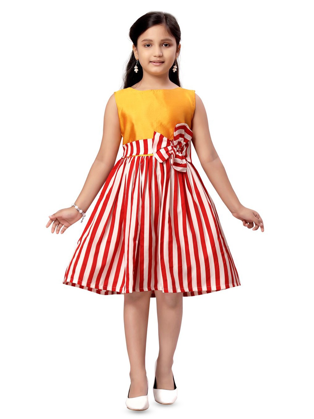 

HERE&NOW Girls Striped Printed Fit & Flare Dress, Gold